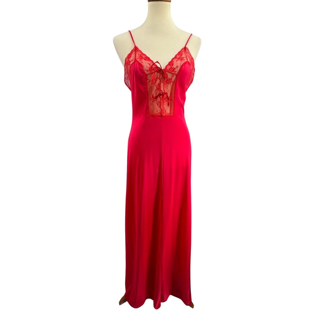 Vintage Frederick's of Hollywood Red Satin Lace Gown Ankle Length Size Medium